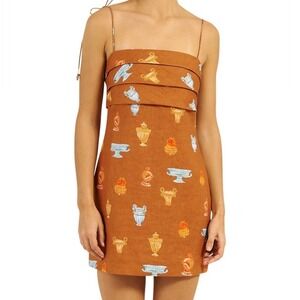 Roame Isola Linen Spaghetti Strap Mini Dress in Ceramica Desert Brown Size US 6